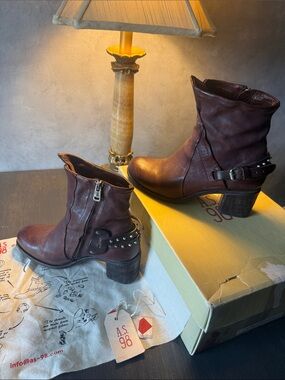 A.S.98 Women's Dark Burgundy Leather Studded Ankle Boots